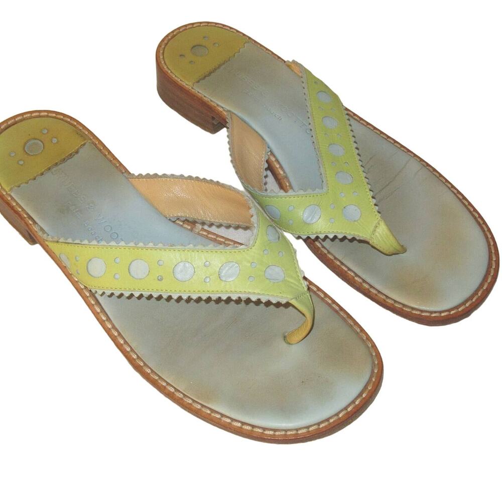 Stubbs & Wootton Palm Beach Blue & Green Leather Slide Thong Toe Post Sandal 8.5
